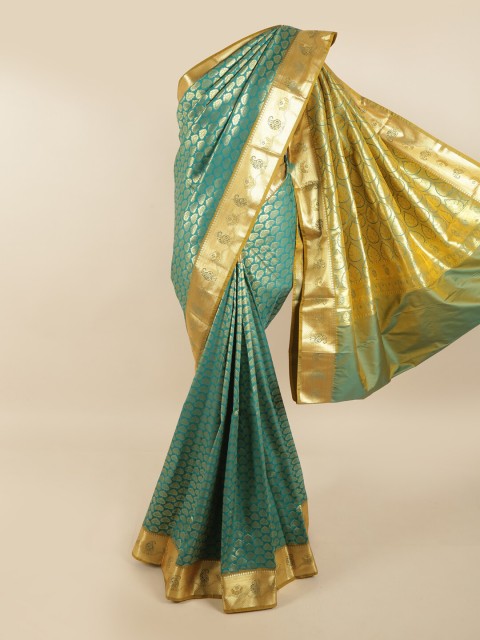 

Pothys Sea Green & Gold-Toned Ethnic Motifs Zari Kanjeevaram Pure Silk Saree