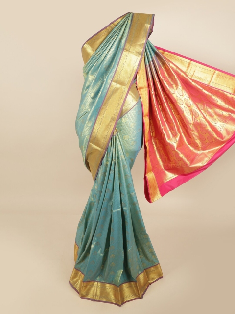 

Pothys Turquoise Blue & Pink Woven Design Zari Pure Silk Kanjeevaram Saree