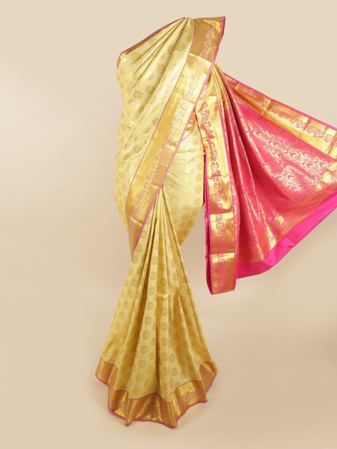 

Pothys Cream-Coloured & Gold-Toned Ethnic Motifs Zari Pure Silk Kanjeevaram Saree