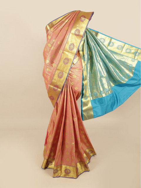 

Pothys Pink & Blue Woven Design Pure Silk Kanjeevaram Saree