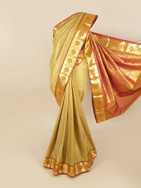 

Pothys Gold-Toned & Pink Woven Design Pure Silk Kanjeevaram Saree