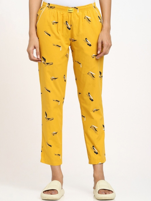 

Bewakoof Women Yellow & Black Printed Pure Cotton Lounge Pants