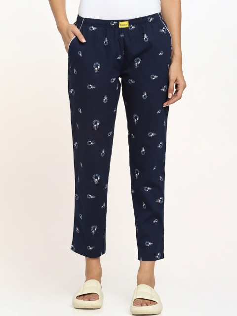 

Bewakoof Women Navy Blue & White Printed Pure Cotton Lounge Pants