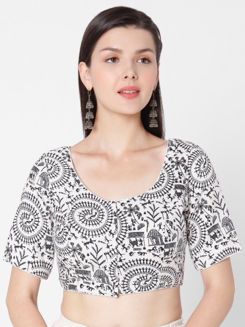 

SALWAR STUDIO Women White & Black Printed Readymade Cotton Saree Blouse
