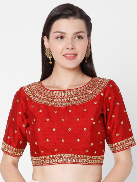 

SALWAR STUDIO Women Red & Gold-Coloured Embroidered Silk Saree Blouse