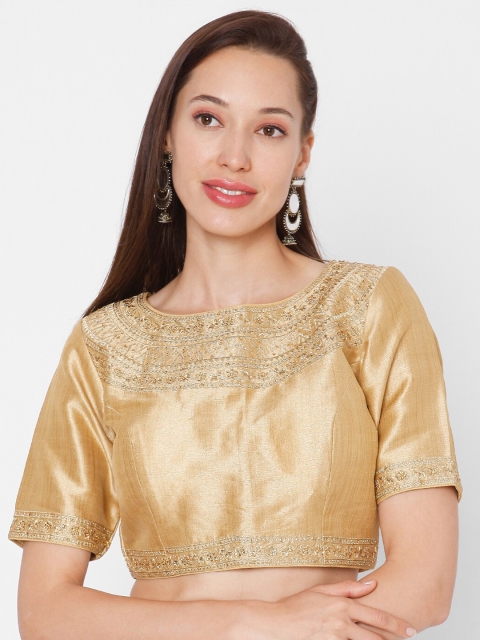

SALWAR STUDIO Gold Embroidered Mulberry Silk Readymade Saree Blouse