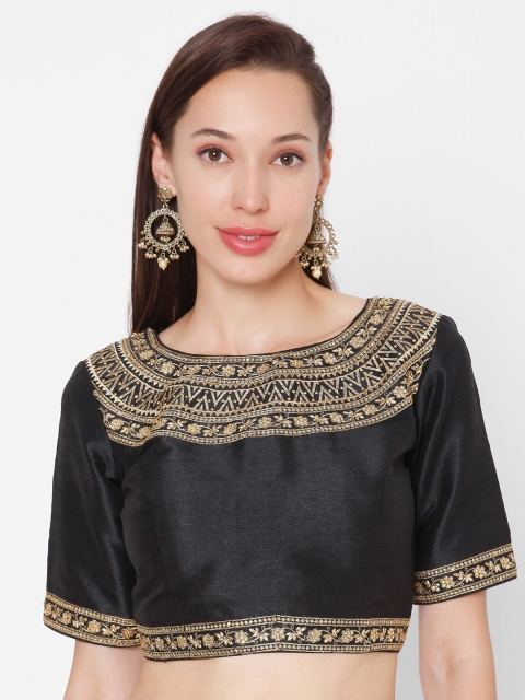 

SALWAR STUDIO Women Black & Gold-Coloured Embroidered Padded Mulberry Silk Readymade Saree Blouse