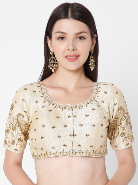 

SALWAR STUDIO Women Gold & Beige Embroidered Silk Saree Blouse