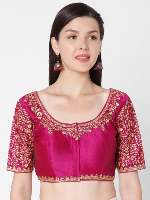 

SALWAR STUDIO Women Pink & Gold-Coloured Embroidered Padded Silk Readymade Saree Blouse