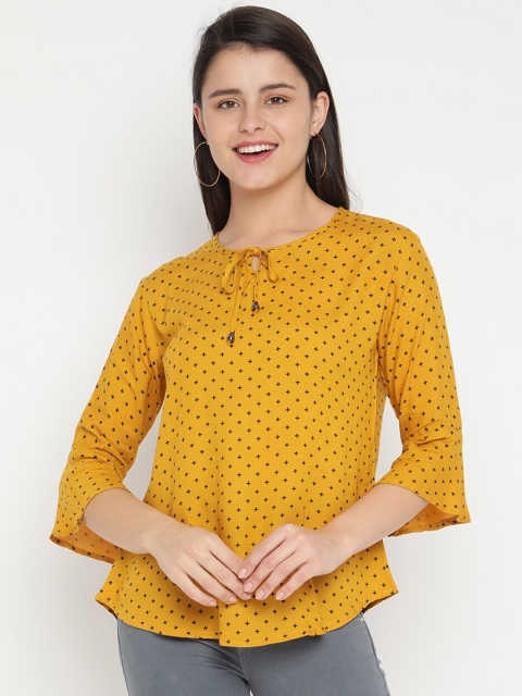 

V2 Value & Variety Mustard Yellow Geometric Tie-Up Neck Regular Top