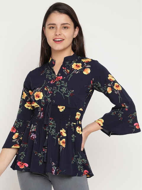 

V2 Value & Variety Navy Blue & Yellow Floral Mandarin Collar Cinched Waist Top