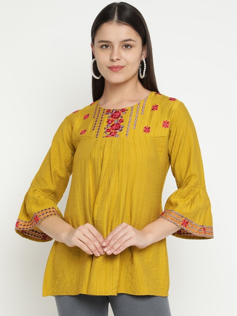 

V2 Value & Variety Mustard Yellow & Red Floral Embroidered A-Line Top