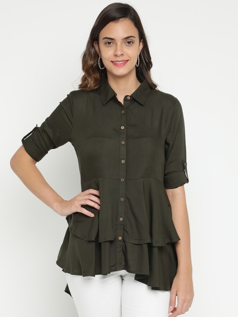 

V2 Value & Variety Green Roll-Up Sleeves Shirt Style Longline Top