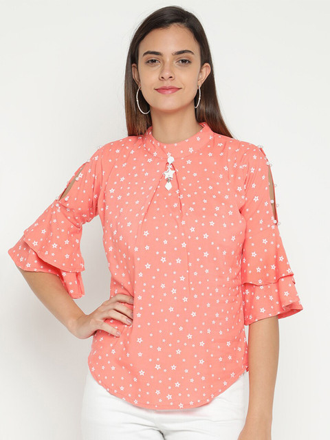 

V2 Value & Variety Peach-Coloured & White Mandarin Collar Regular Top