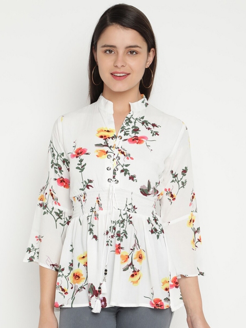 

V2 Value & Variety White & Multicoloured Floral Mandarin Collar Regular Top