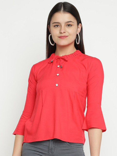 

V2 Value & Variety Orange Tie-Up Neck Shirt Style Top
