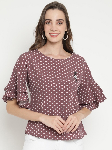 

V2 Value & Variety Brown & White Polka Dots Printed Bell Sleeves Crepe Regular Top
