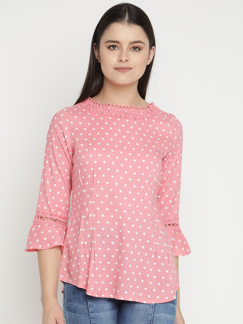 

V2 Value & Variety Peach-Coloured & White Polka Dot Peplum Top