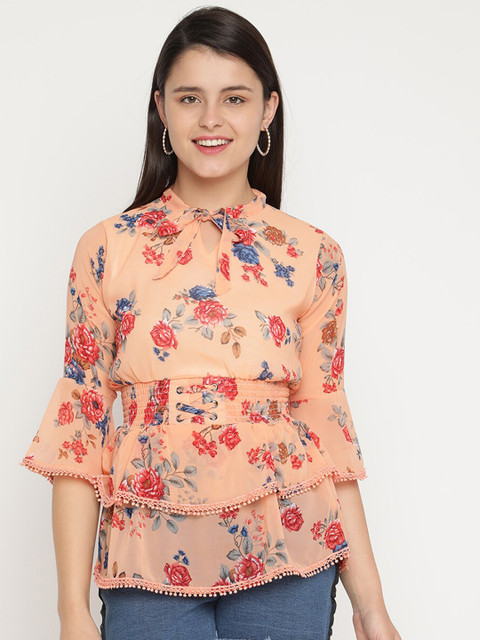 

V2 Value & Variety Peach-Coloured Floral Tie-Up Neck Ruffles A-Line Top