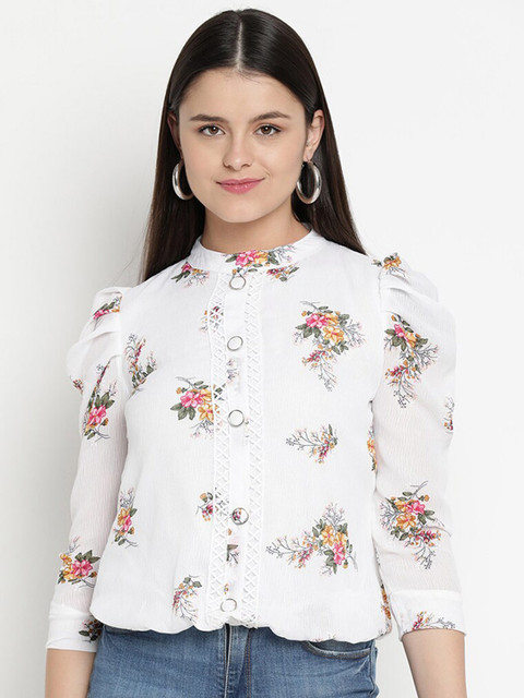 

V2 Value & Variety White & Yellow Floral Mandarin Collar Shirt Style Top