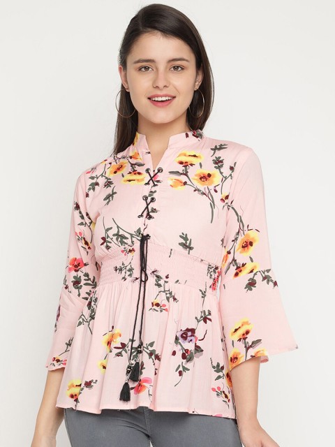 

V2 Value & Variety Pink Floral Mandarin Collar A-Line Top