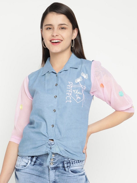 

V2 Value & Variety Pink & Blue Printed Pure Cotton Shirt Style Top