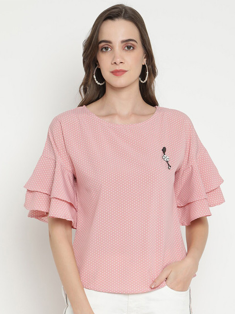 

V2 Value & Variety Pink & White Polka Dot Printed Crepe Top