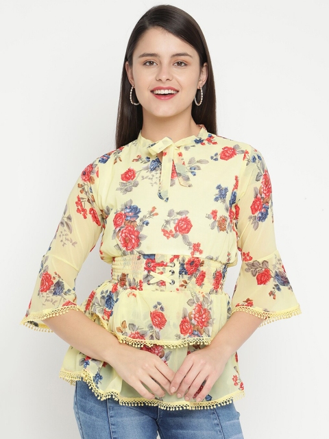 

V2 Value & Variety Yellow Floral Tie-Up Neck Regular Top