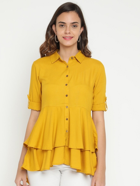 

V2 Value & Variety Mustard Yellow Mandarin Collar Roll-Up Sleeves Regular Longline Top