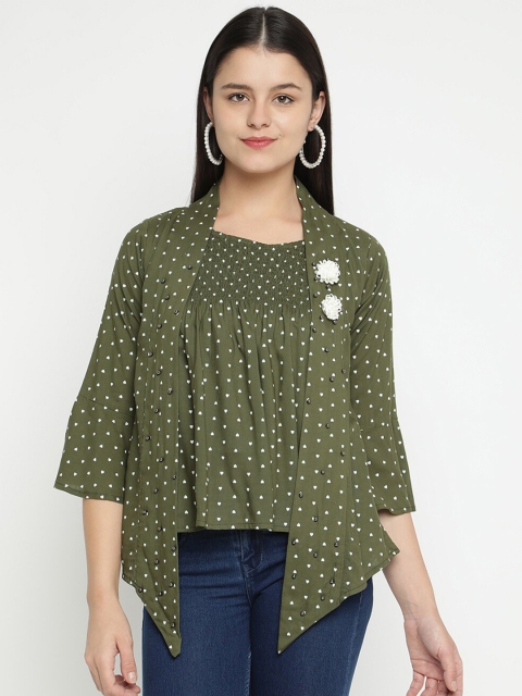 

V2 Value & Variety Green Geometric Extended Sleeves Regular Top