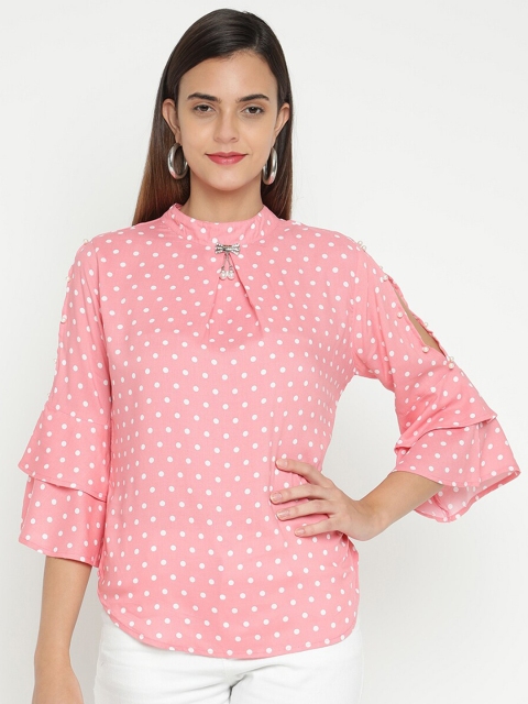 

V2 Value & Variety Peach-Coloured & White Ruffles Blouson Top