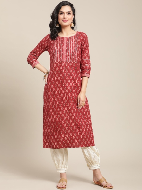 

Varanga Women Maroon & Beige Ethnic Motifs Printed Pure Cotton Gotta Patti Kurta