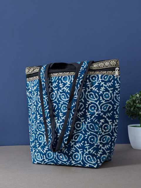 

Golden Peacock Blue Ethnic Motifs Printed Shopper Tote Bag