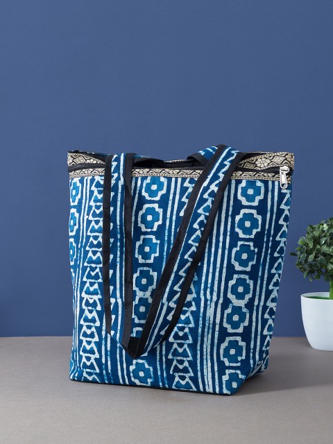

Golden Peacock Blue Ethnic Motifs Printed Shopper Tote Bag