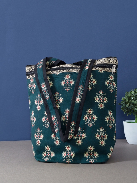 

Golden Peacock Green Floral Printed Structured Sling Bag with Cut Work