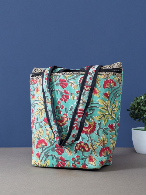

Golden Peacock Green Floral Printed Structured Tote Bag