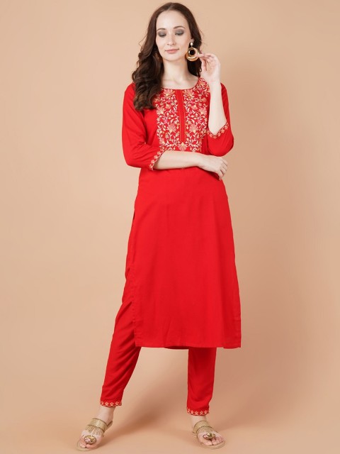 

PNEHA Women Red Yoke Design Regular Kurta with Trousers