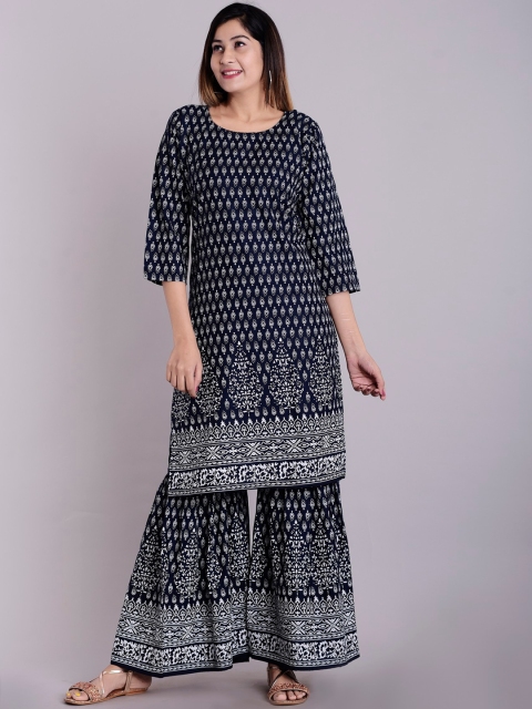 

PNEHA Women Navy Blue & White Ethnic Motifs Printed Regular Kurta With Sharara