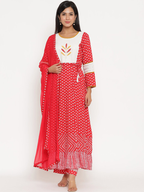 

PNEHA Women Red & White Ethnic Motifs Printed Thread Work Kurta with Trousers & Dupatta