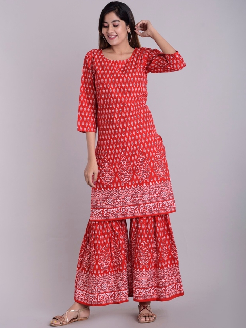 

PNEHA Women Red Floral PrintedKurti with Sharara