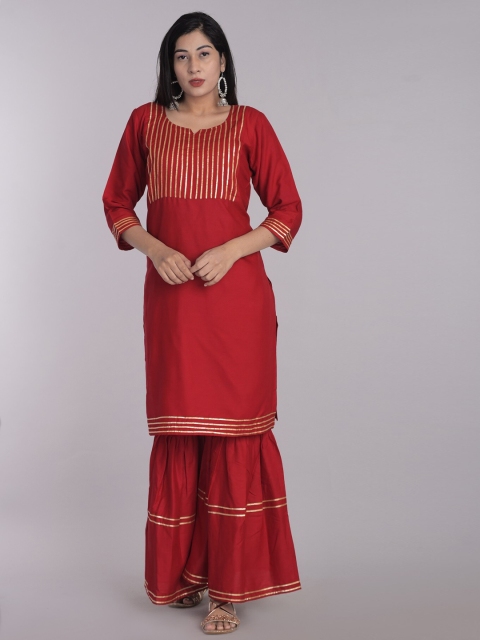 

PNEHA Women Red Striped Regular Kurta with Sharara