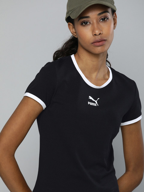 

Puma Women Black & White Brand Logo Printed Classics Fitted Slim Fit Round neck T-shirt