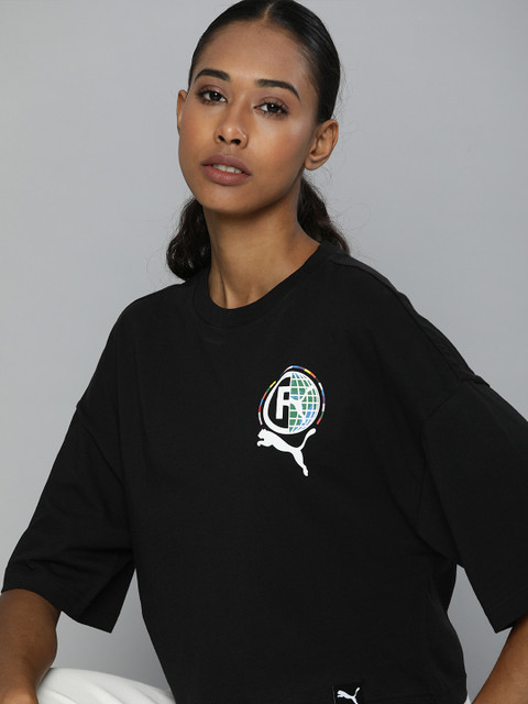 

Puma Women Black & White Graphic Brand Logo Printed Drop-Shoulder Sleeves T-shirt