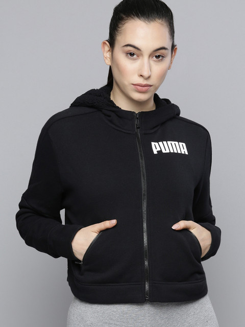

Puma Women Black & White Brand Logo Printed Hooded Sweatshirt