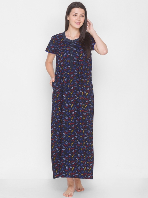 

AV2 Navy Blue Printed Pure Cotton Maternity Nursing Maxi Nightdress