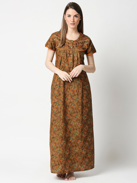 

AV2 Women Brown Printed Pure Cotton Maxi Nightdress