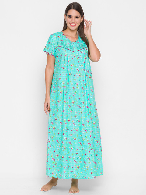 

AV2 Green Printed Maxi Pure Cotton Nightdress