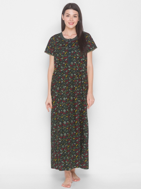 

AV2 Olive Green & Red Printed Pure Cotton Maxi Nightdress