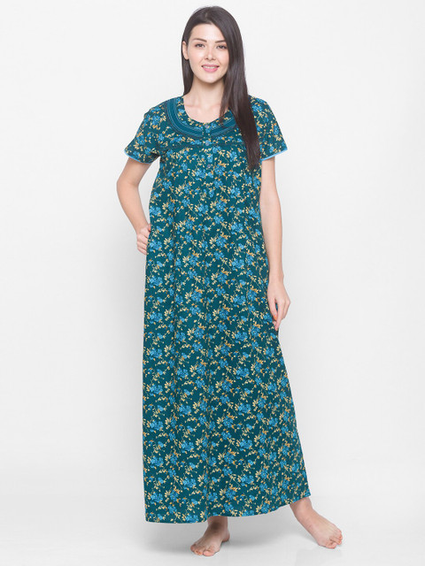 

AV2 Teal & Blue Floral Printed Maternity Nursing Pure Cotton Maxi Nightdress