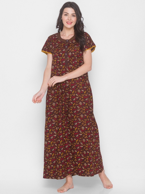 

AV2 Brown Printed Maternity Nursing Maxi Nightdress